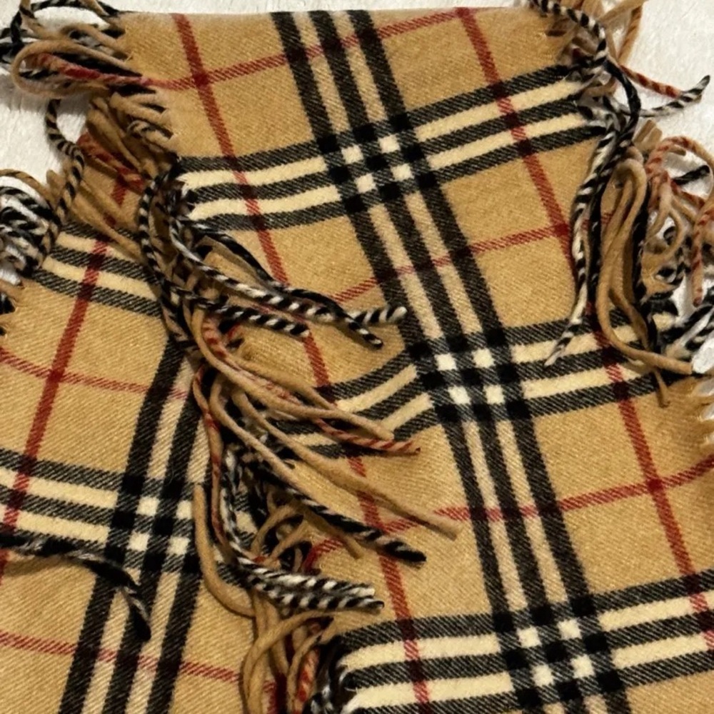 Authenticated Burberry London Cashmere Tan Red Black Plaid Fringe Scarf Unisex - Picture 12 of 13